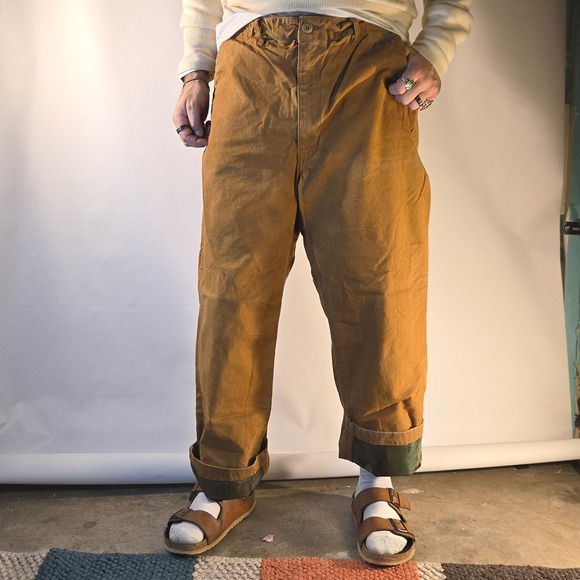 VTG Saf T Bak Mens 40x30 Work Pants Jeans Canvas Camo Line Cuff USA Wide Leg 70s